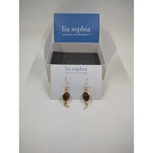 Lia Sophia Cats Eye Look Dangle Hook Gold Color Earrings Pair With Rubber Backs